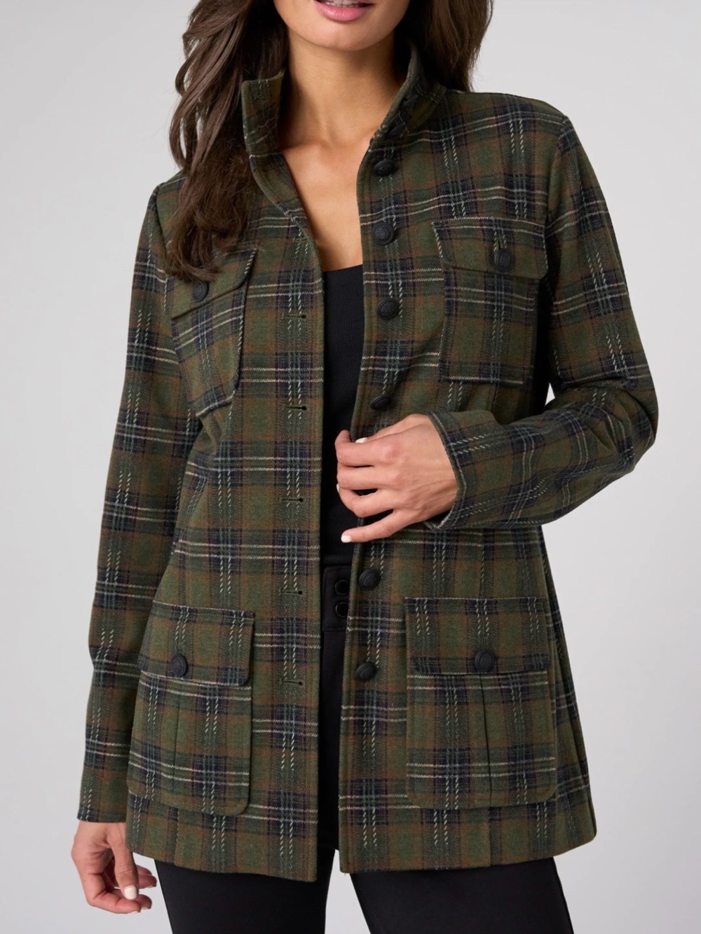 LIVERPOOL FUNNEL NECK BUTTON FRONT FIELD JACKET IN OLIVE PLAID SIZE MEDIUM